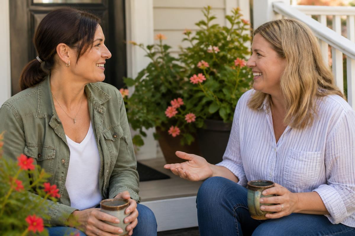 Two women in their forties talking together over coffee